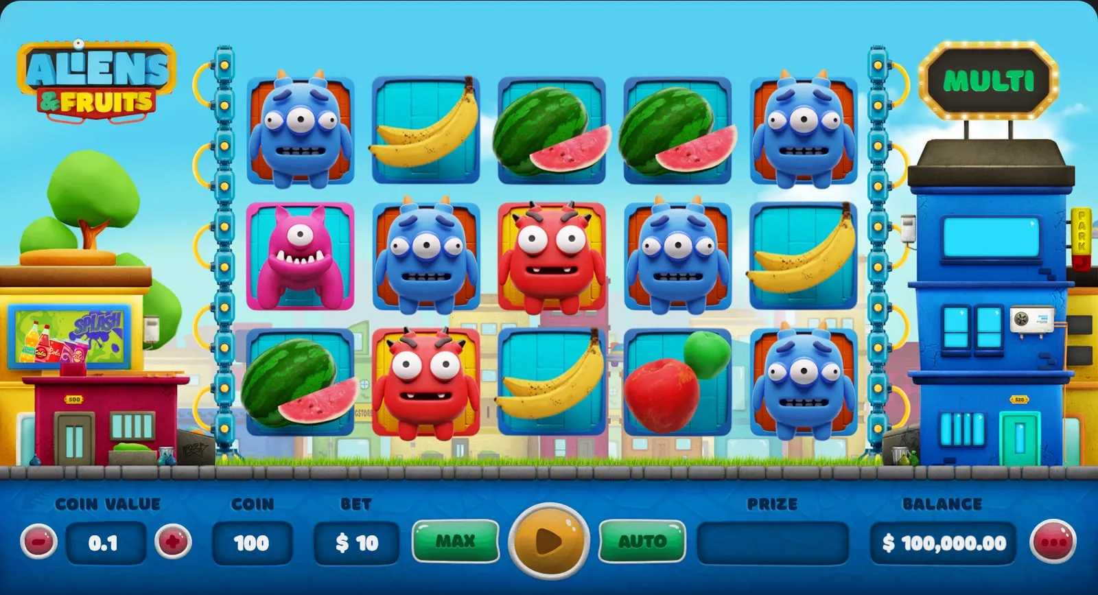 Aliens and Fruits in demo mode, with a five-by-three grid of aliens and fruits over a city street and the bet controls below.