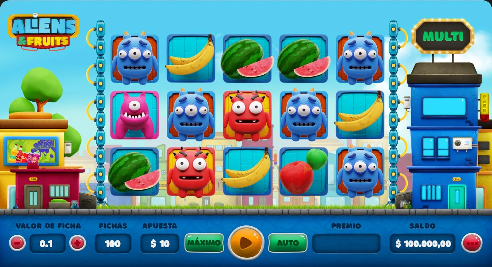 Aliens and Fruits en modo demo, con una grilla de cinco por tres de alienígenas y frutas sobre una calle de ciudad y los controles de apuesta abajo.