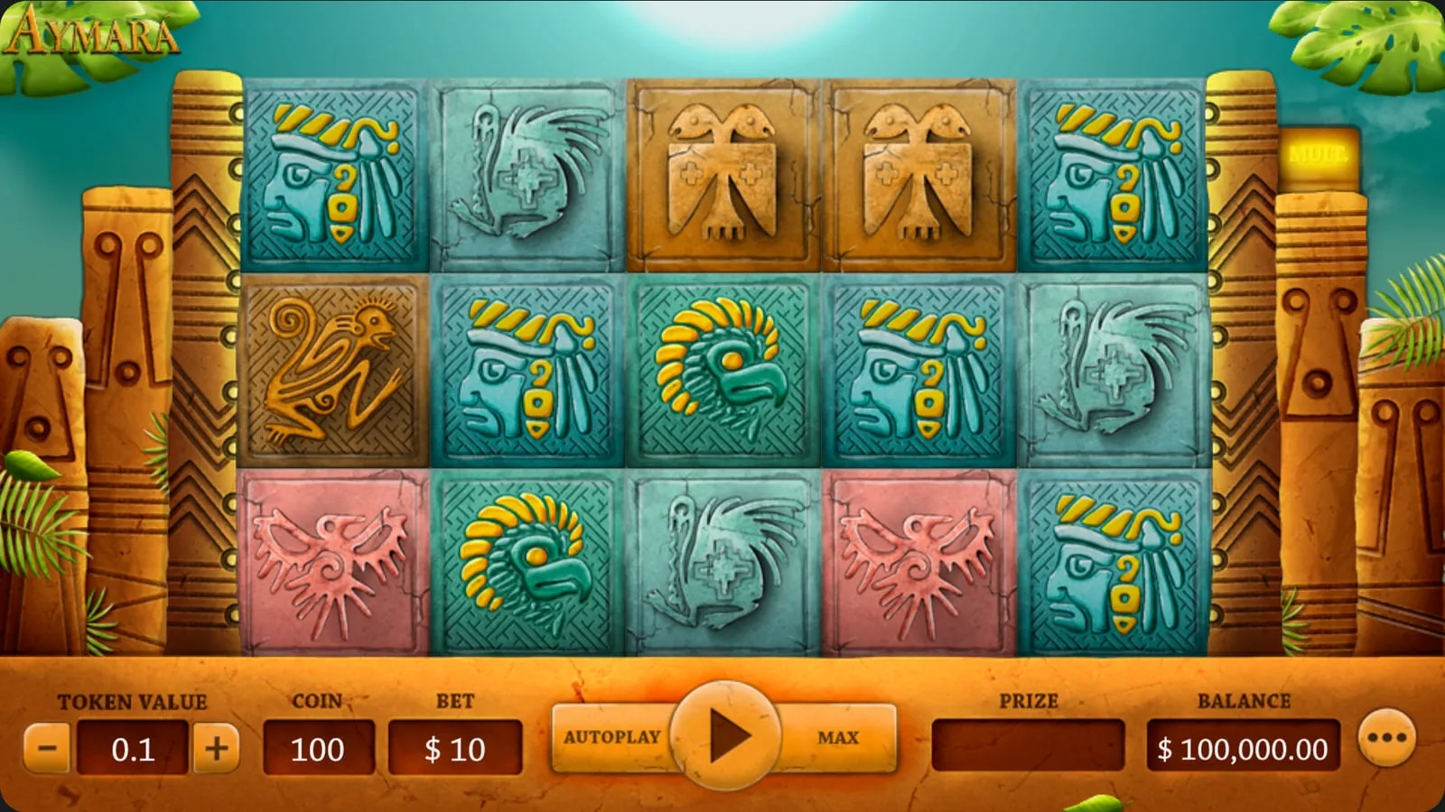 Aymara in demo mode, with a five-by-three grid of stone symbols in a jungle temple and the bet controls below.