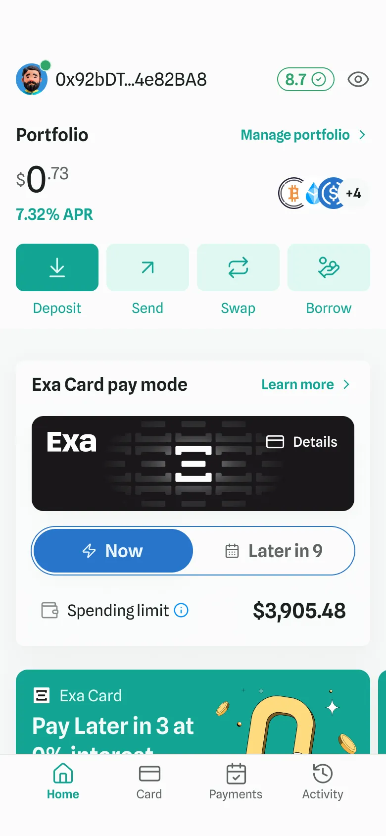The Exa App home, with the portfolio balance, the deposit, send, swap and borrow actions, and the card's pay mode set to pay now.