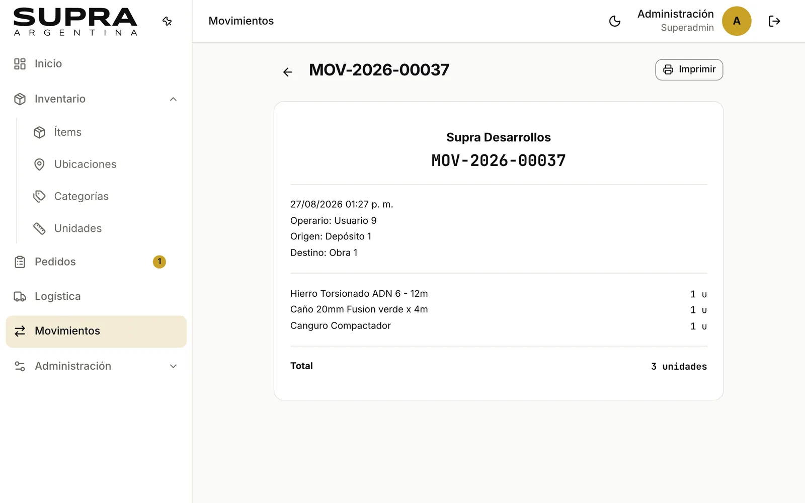 The ticket of a movement from the warehouse to a building site, with the date, the operator, the origin, the destination and the materials moved.