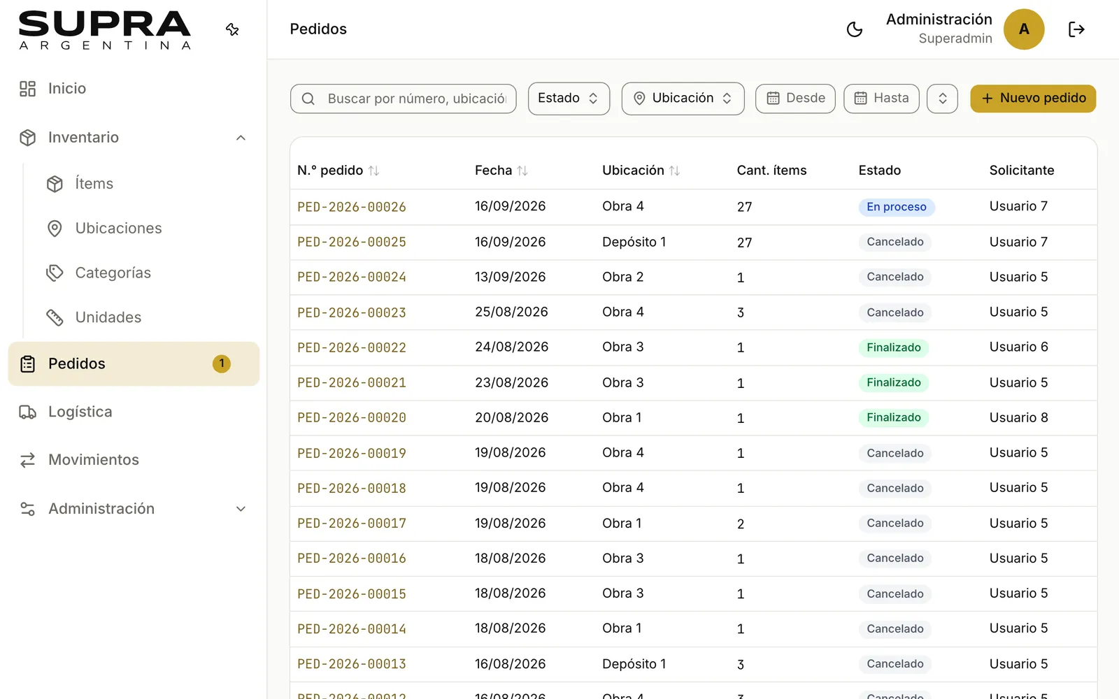 The orders list in the desktop panel, with number, date, location, item count, state and requester, and filters by state, location and date.