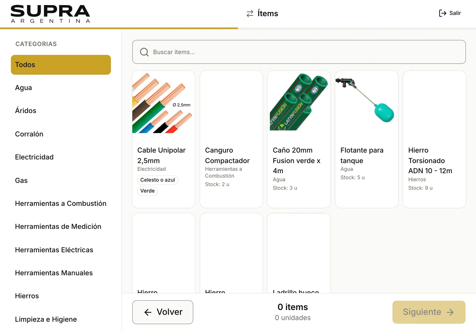 The items step of the point of sale, which lists only the materials with stock at the chosen origin, with photos, categories and a search box.