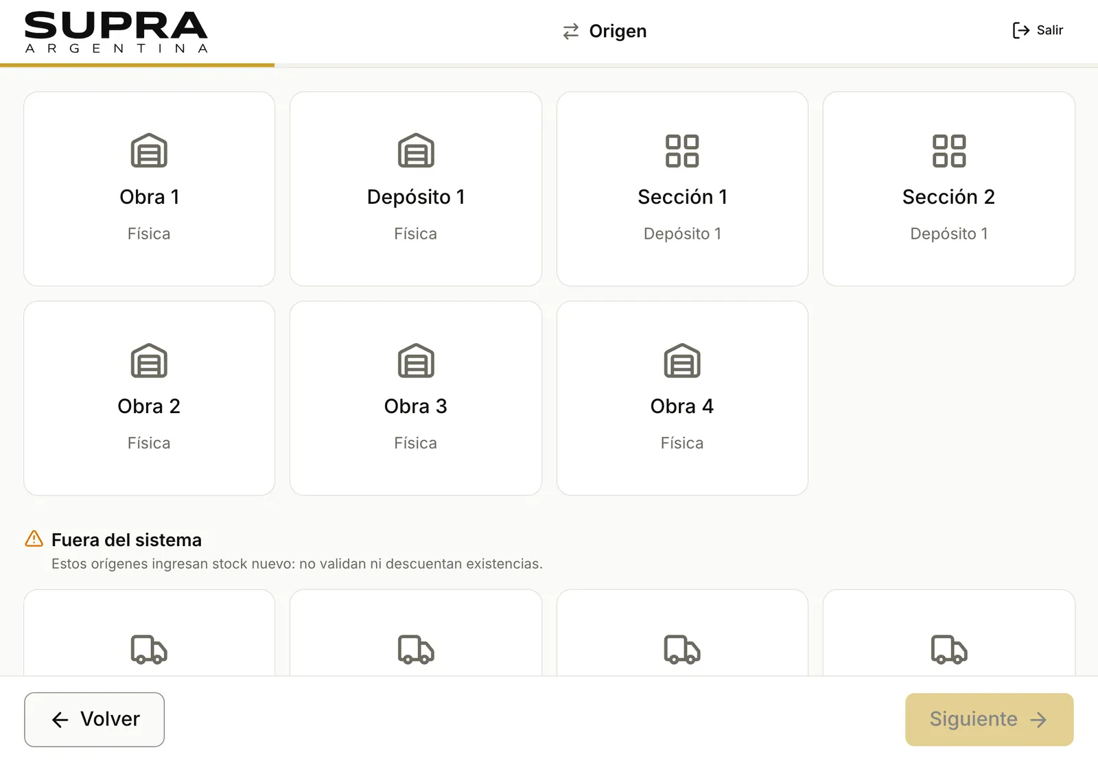 The first step of the point of sale on a tablet, with a progress bar and the locations to take material from, grouped into building sites, the warehouse and its sections.