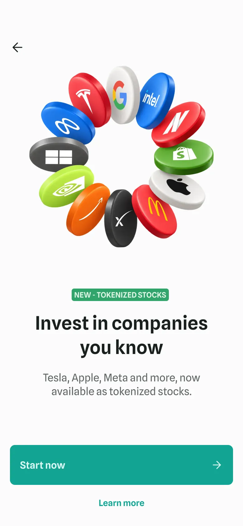 The welcome to tokenized stocks, which invites people to invest in companies they know, such as Tesla, Apple and Meta.