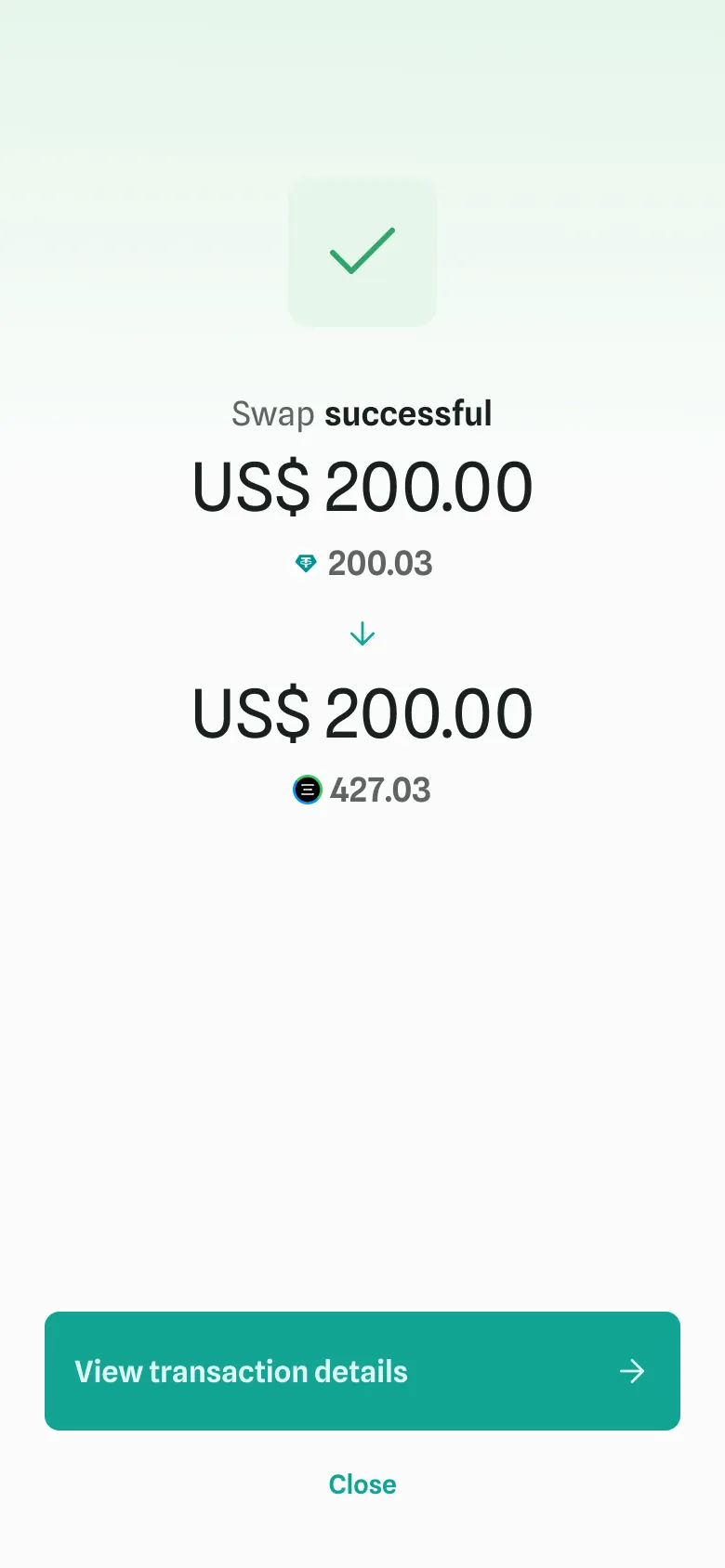 The confirmation of a successful swap worth US$200.