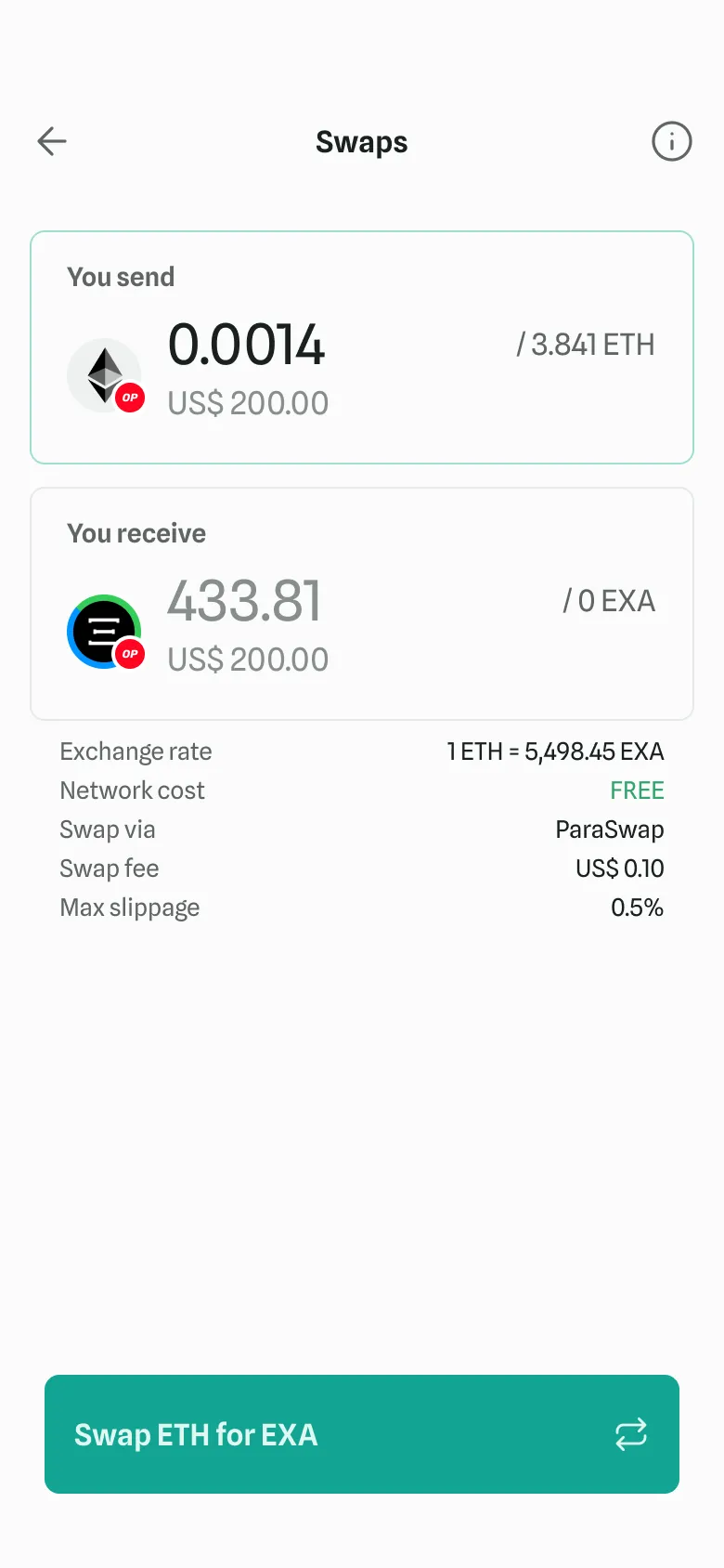 A swap of ETH for EXA, with the amount on each side, the exchange rate, the network cost, the fee and the maximum slippage.